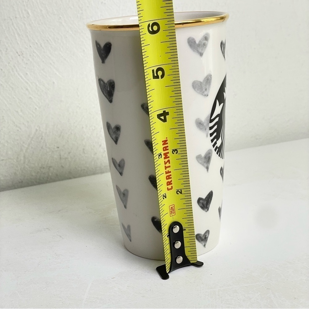STARBUCKS Vintage 2014 Black Hearts White Ceramic Tumbler Gold Rim Collectible - Picture 5 of 8